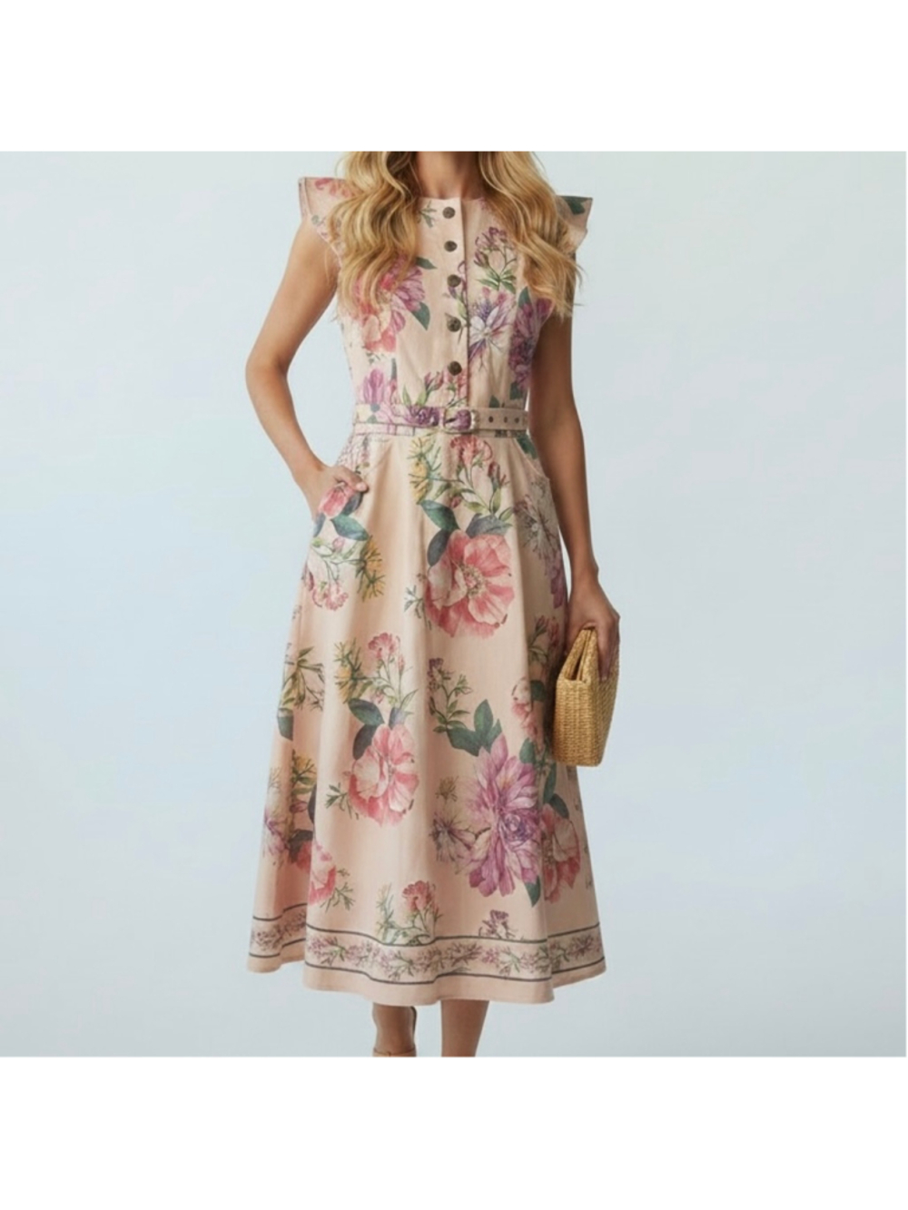 Size M Dalia Macphee light pink floral denim cotton blend flutter sleeve dress